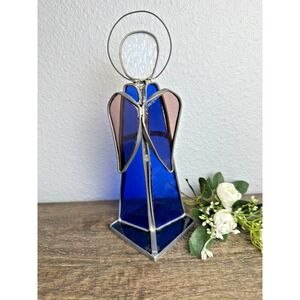 Vintage Stained Glass Angel Candle Holder Blue Tiffany Style Christmas